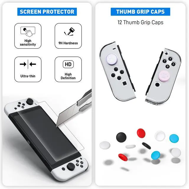 Alt view image 6 of 7 - Clear Case Set for Nintendo Switch OLED 2021, Upgrade Protective Case with PC Cover for Switch OLED Console, Transparent Lattice Pattern TPU Joycon Grip Case, Screen protector and Thumb Caps