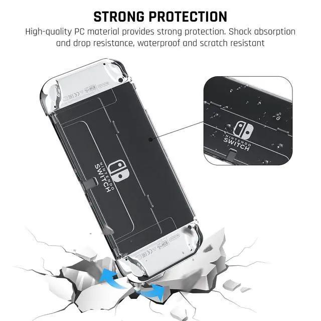 Alt view image 3 of 7 - Protective Case for Nintendo Switch OLED Model 2021, Crystal Case with Flip Shell, Screen Protector and 10 Thumb Grip Caps (Transparent)