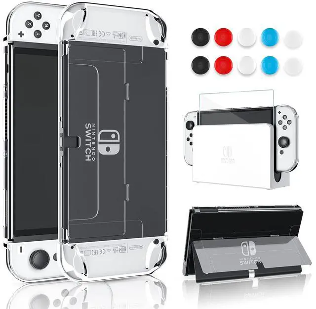 Main image of Protective Case for Nintendo Switch OLED Model 2021, Crystal Case with Flip Shell, Screen Protector and 10 Thumb Grip Caps (Transparent)