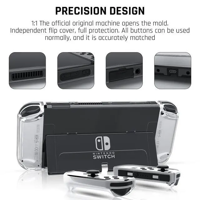 Alt view image 2 of 7 - Protective Case for Nintendo Switch OLED Model 2021, Crystal Case with Flip Shell, Screen Protector and 10 Thumb Grip Caps (Transparent)