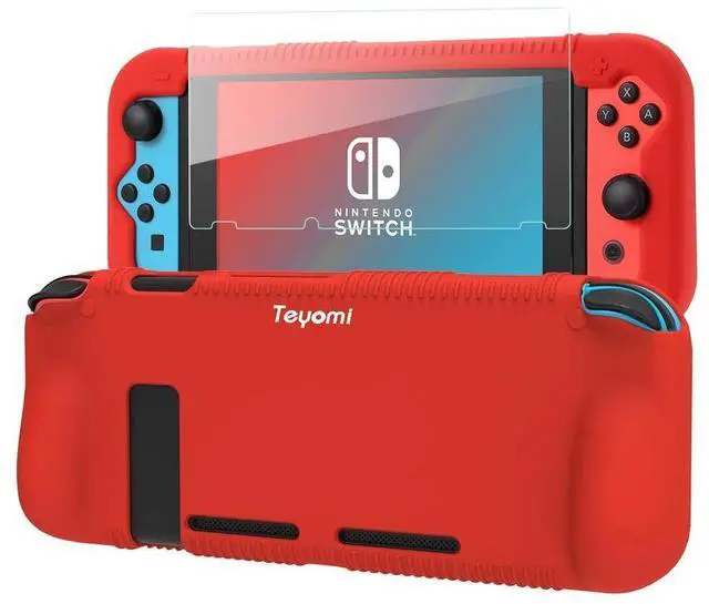 Main image of Protective Silicone Case for Nintendo Switch, Grip Cover with Tempered Glass Screen Protector, 2 Storage Slots for Game Cards, Shock-Absorption & Anti-Scratch (Red)
