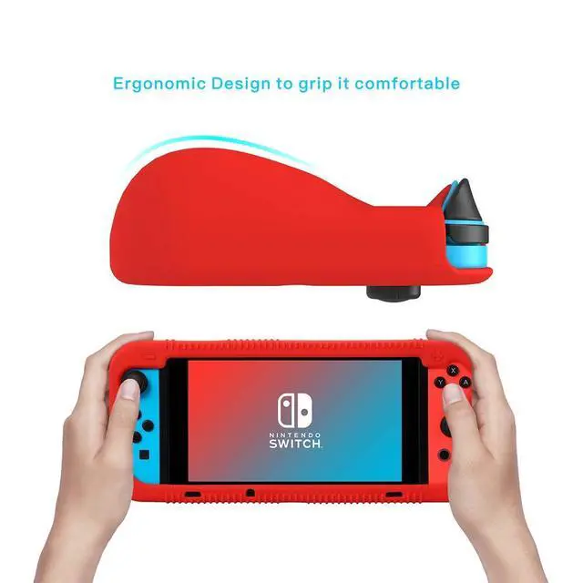 Alt view image 2 of 7 - Protective Silicone Case for Nintendo Switch, Grip Cover with Tempered Glass Screen Protector, 2 Storage Slots for Game Cards, Shock-Absorption & Anti-Scratch (Red)