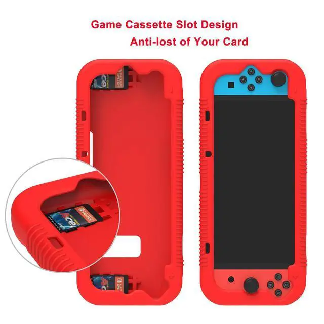 Alt view image 3 of 7 - Protective Silicone Case for Nintendo Switch, Grip Cover with Tempered Glass Screen Protector, 2 Storage Slots for Game Cards, Shock-Absorption & Anti-Scratch (Red)