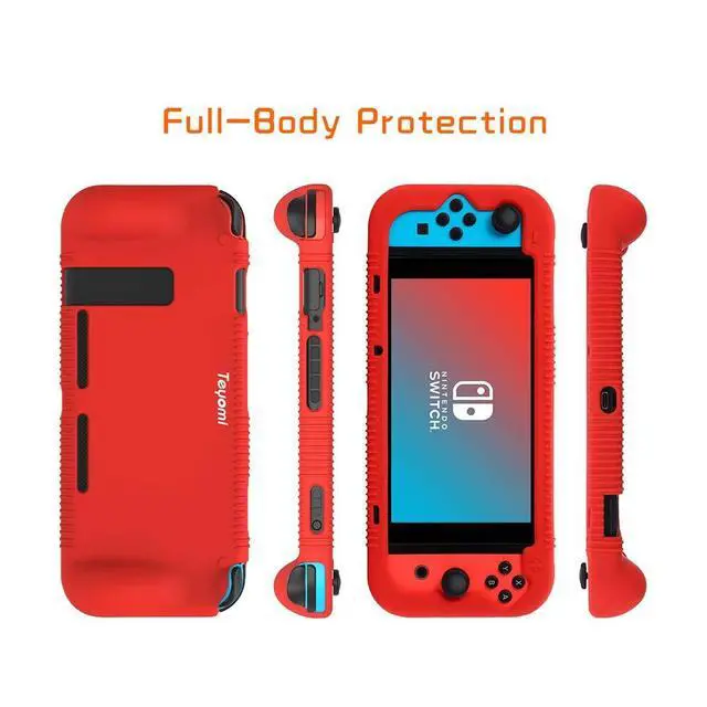 Alt view image 5 of 7 - Protective Silicone Case for Nintendo Switch, Grip Cover with Tempered Glass Screen Protector, 2 Storage Slots for Game Cards, Shock-Absorption & Anti-Scratch (Red)