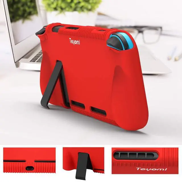 Alt view image 6 of 7 - Protective Silicone Case for Nintendo Switch, Grip Cover with Tempered Glass Screen Protector, 2 Storage Slots for Game Cards, Shock-Absorption & Anti-Scratch (Red)