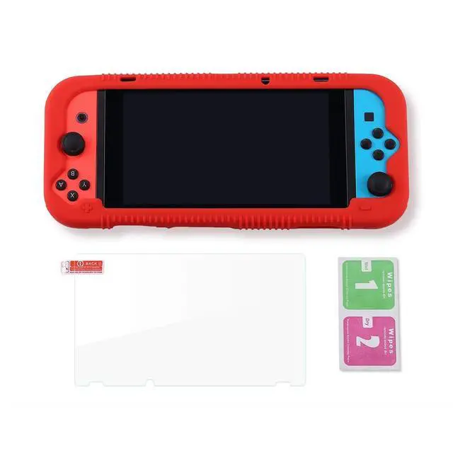 Alt view image 7 of 7 - Protective Silicone Case for Nintendo Switch, Grip Cover with Tempered Glass Screen Protector, 2 Storage Slots for Game Cards, Shock-Absorption & Anti-Scratch (Red)