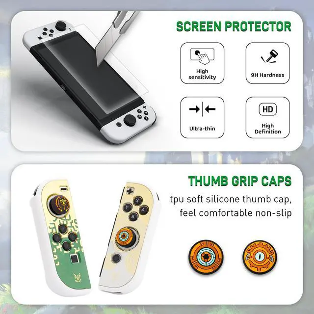 Alt view image 5 of 7 - Theme for Zelda Protective Case Compatible with Nintendo Switch OLED, Anti-Scratch Accessories Bundle for Tears of the Kingdom with Dockable Switch OLED Skin Cover, Screen Protector & Thumb Cap