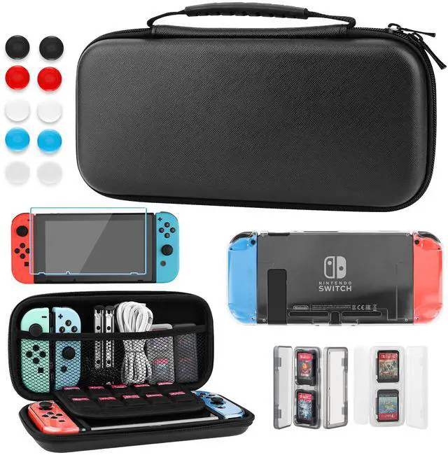 Main image of Black Carrying Case for Nintendo Switch, 11 in 1 Accessories Bundle with Portable Switch Travel Bag, Clear Protective Skin Cover, 2 Mini Swich Card Holder, Screen Protector & 10 Thumb Grips