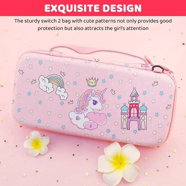 Alt view image 6 of 7 - Pink Carrying Case for Nintendo Switch 2, Cute Girly Accessories Kit with Portable Travel Storage Bag, Hard Shell Protective Cover Skin, Screen Protector, Shoulder Strap & 2 Thumb Grips