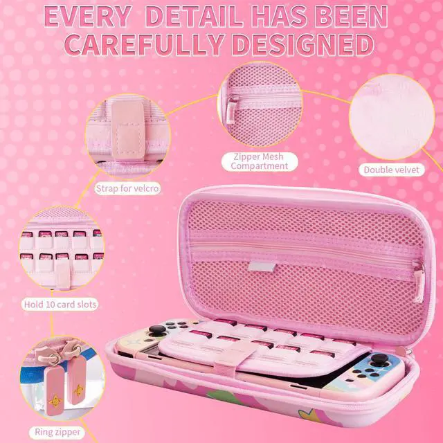 Alt view image 2 of 7 - Cute Anime Switch OLED Carrying Case Set, with Portable Travel Storage Bag of Pink Lining, Hardshell Protective Cover Skin, HD Screen Protector, Shoulder Strap & 2 Kawaii Thumb Caps