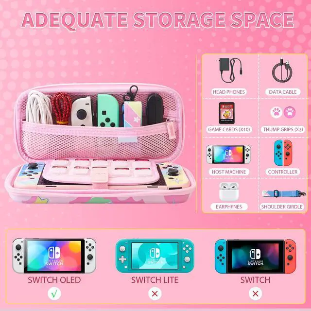 Alt view image 4 of 7 - Cute Anime Switch OLED Carrying Case Set, with Portable Travel Storage Bag of Pink Lining, Hardshell Protective Cover Skin, HD Screen Protector, Shoulder Strap & 2 Kawaii Thumb Caps
