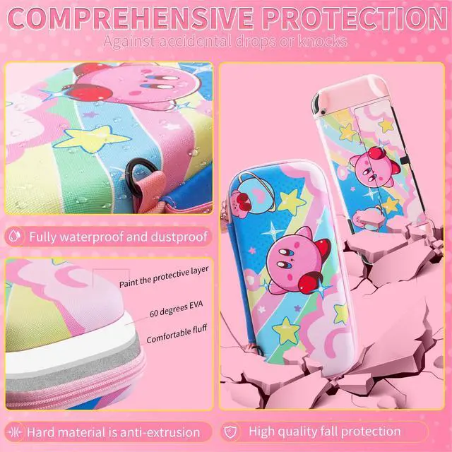 Alt view image 3 of 7 - Cute Anime Switch OLED Carrying Case Set, with Portable Travel Storage Bag of Pink Lining, Hardshell Protective Cover Skin, HD Screen Protector, Shoulder Strap & 2 Kawaii Thumb Caps