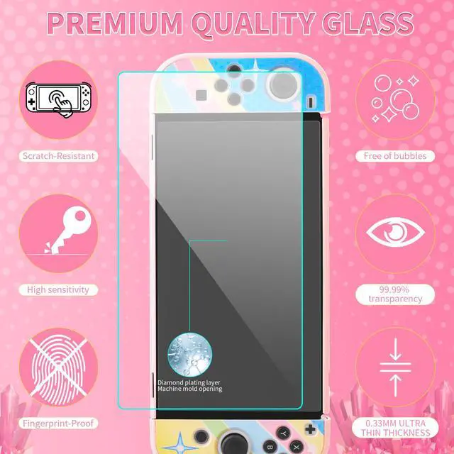 Alt view image 5 of 7 - Cute Anime Switch OLED Carrying Case Set, with Portable Travel Storage Bag of Pink Lining, Hardshell Protective Cover Skin, HD Screen Protector, Shoulder Strap & 2 Kawaii Thumb Caps