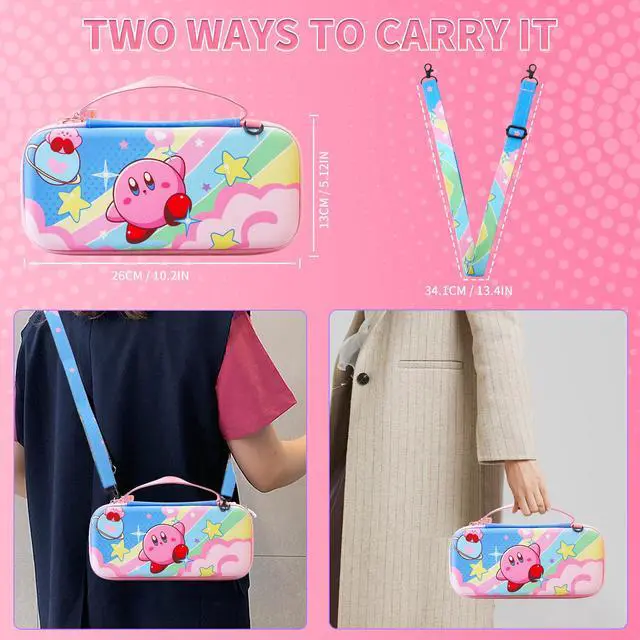 Alt view image 7 of 7 - Cute Anime Switch OLED Carrying Case Set, with Portable Travel Storage Bag of Pink Lining, Hardshell Protective Cover Skin, HD Screen Protector, Shoulder Strap & 2 Kawaii Thumb Caps