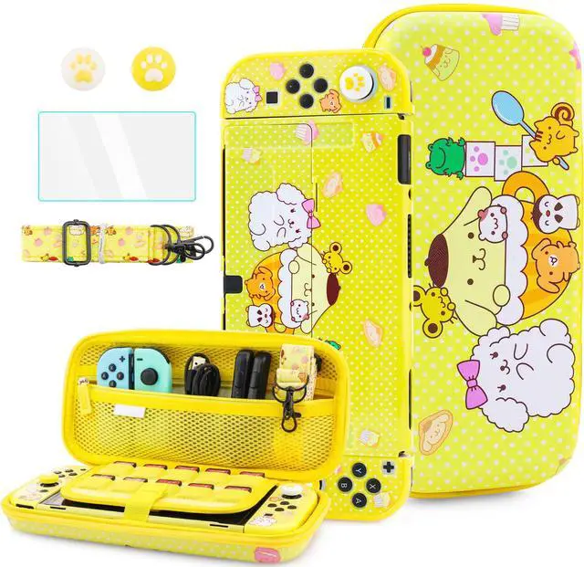 Main image of for Nintendo Switch OLED Carry Travel Case Yellow Accessories Bundle, with Switch OLED Console Protective Cover Skin, Screen Protector, Shoulder Strap & 2 Cute Thumb Caps - Pudding Dog