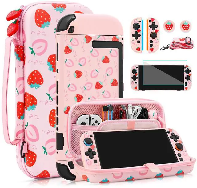 Main image of Cute Carrying Case for Nintendo Switch 2, Protective Cover Accessories Bundle with Travel Skin, Hard Shell, Adjustable Shoulder Strap, Thumb Grips, Screen Protector (Pink Strawberry)