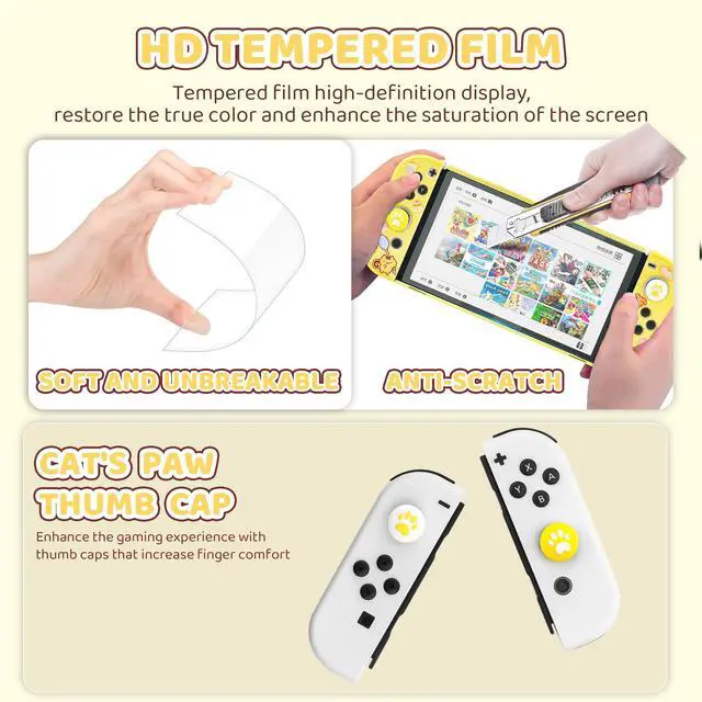 Alt view image 4 of 7 - for Nintendo Switch OLED Carry Travel Case Yellow Accessories Bundle, with Switch OLED Console Protective Cover Skin, Screen Protector, Shoulder Strap & 2 Cute Thumb Caps - Pudding Dog