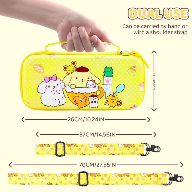 Alt view image 6 of 7 - for Nintendo Switch OLED Carry Travel Case Yellow Accessories Bundle, with Switch OLED Console Protective Cover Skin, Screen Protector, Shoulder Strap & 2 Cute Thumb Caps - Pudding Dog