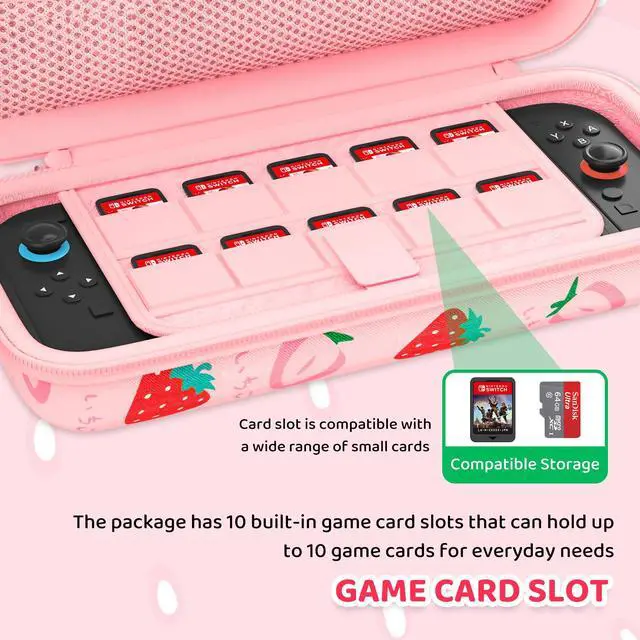 Alt view image 4 of 6 - Cute Carrying Case for Nintendo Switch 2, Protective Cover Accessories Bundle with Travel Skin, Hard Shell, Adjustable Shoulder Strap, Thumb Grips, Screen Protector (Pink Strawberry)