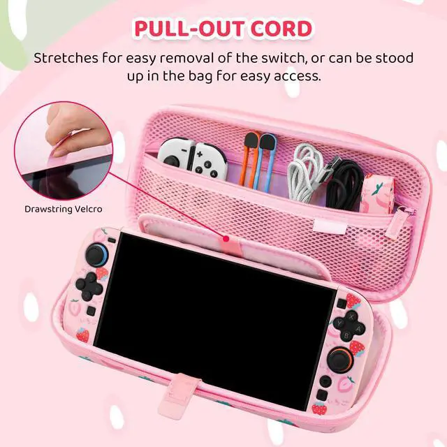 Alt view image 5 of 6 - Cute Carrying Case for Nintendo Switch 2, Protective Cover Accessories Bundle with Travel Skin, Hard Shell, Adjustable Shoulder Strap, Thumb Grips, Screen Protector (Pink Strawberry)