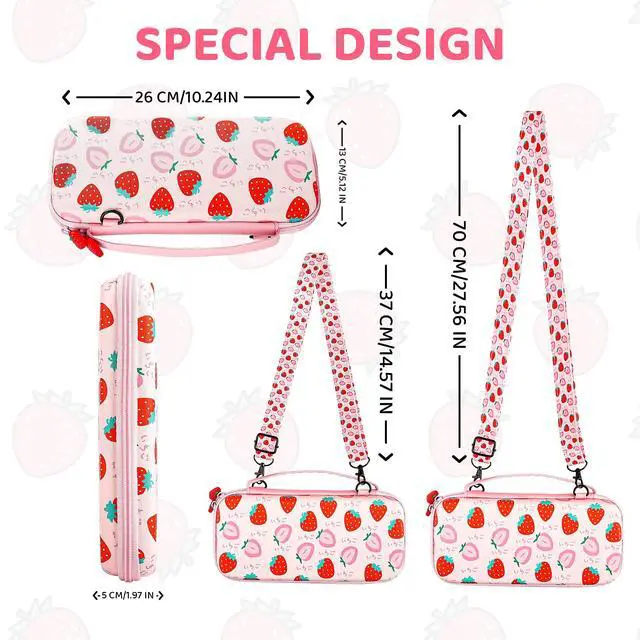 Alt view image 2 of 6 - Pink Carry Case Bundle for Nintendo Switch, Cute Case Accessories Set for Switch with Hard Travel Case, Soft TPU cover, Adjustable Strap, Screen Protector, Thumb Grip Caps (Cute Pink Strawberry)