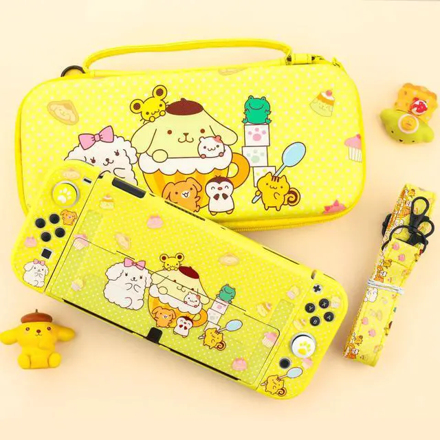 Alt view image 7 of 7 - for Nintendo Switch OLED Carry Travel Case Yellow Accessories Bundle, with Switch OLED Console Protective Cover Skin, Screen Protector, Shoulder Strap & 2 Cute Thumb Caps - Pudding Dog