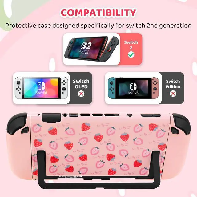 Alt view image 6 of 6 - Cute Carrying Case for Nintendo Switch 2, Protective Cover Accessories Bundle with Travel Skin, Hard Shell, Adjustable Shoulder Strap, Thumb Grips, Screen Protector (Pink Strawberry)