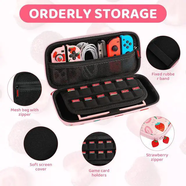 Alt view image 3 of 6 - Pink Carry Case Bundle for Nintendo Switch, Cute Case Accessories Set for Switch with Hard Travel Case, Soft TPU cover, Adjustable Strap, Screen Protector, Thumb Grip Caps (Cute Pink Strawberry)