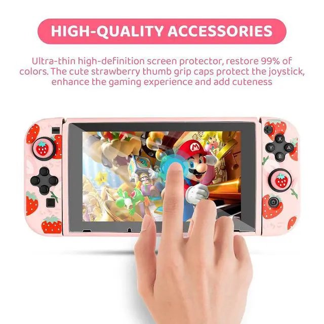 Alt view image 5 of 6 - Pink Carry Case Bundle for Nintendo Switch, Cute Case Accessories Set for Switch with Hard Travel Case, Soft TPU cover, Adjustable Strap, Screen Protector, Thumb Grip Caps (Cute Pink Strawberry)