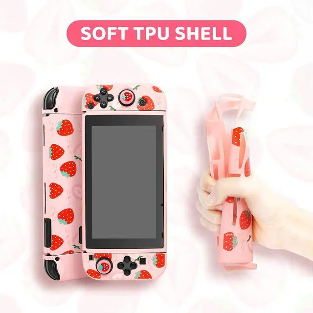 Alt view image 4 of 6 - Pink Carry Case Bundle for Nintendo Switch, Cute Case Accessories Set for Switch with Hard Travel Case, Soft TPU cover, Adjustable Strap, Screen Protector, Thumb Grip Caps (Cute Pink Strawberry)