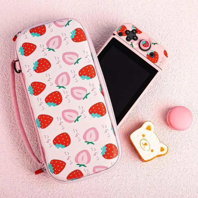 Alt view image 6 of 6 - Pink Carry Case Bundle for Nintendo Switch, Cute Case Accessories Set for Switch with Hard Travel Case, Soft TPU cover, Adjustable Strap, Screen Protector, Thumb Grip Caps (Cute Pink Strawberry)
