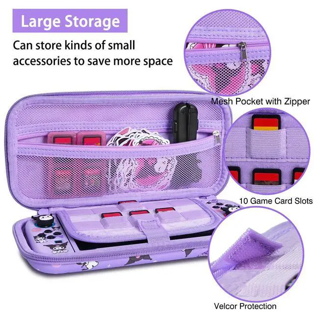 Alt view image 2 of 6 - Carrying Case for Switch 1, Cute Portable Bag Accessories with Soft Protective Case, Screen Protectors and Thumb Grip caps, Game Card Case 7in1, Purple K
