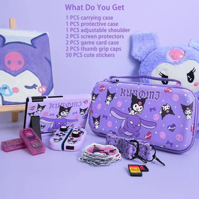 Alt view image 6 of 6 - Carrying Case for Switch 1, Cute Portable Bag Accessories with Soft Protective Case, Screen Protectors and Thumb Grip caps, Game Card Case 7in1, Purple K