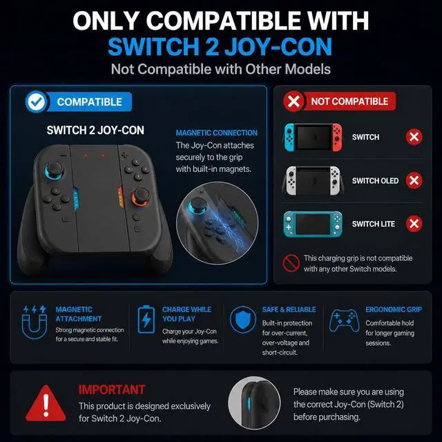 Alt view image 2 of 7 - Switch 2 Controller Comfort Charging Grip Charger Holder With 1 m USB Type-C Data Cable -(Black)
