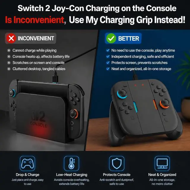 Alt view image 3 of 7 - Switch 2 Controller Comfort Charging Grip Charger Holder With 1 m USB Type-C Data Cable -(Black)