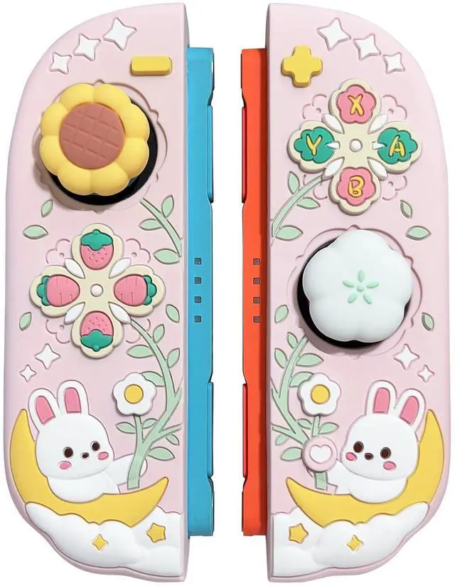 Main image of Silicone Protective Case for Nintendo Switch 2 Joy Con Controllers with 2 Silicone Thumb Grips, Bunny & Flower Design, Pink