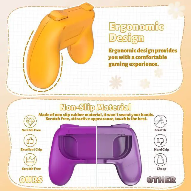 Alt view image 2 of 7 - Grips Compatible with Nintendo Switch for Joy Con & OLED Model for Joycon, Wear-Resistant Handle Kit Compatible with Joy Cons Controllers, 2 Pack(Orange and Purple)