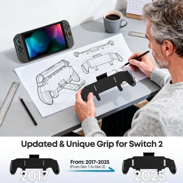 Alt view image 5 of 7 - Grip Compatible with Nintendo Switch 2, Switch 2 Ergonomic Grip Case with Adjustable Stand, Comfort Game Accessories with 5 Game Card Slots and 4 Thumb Caps