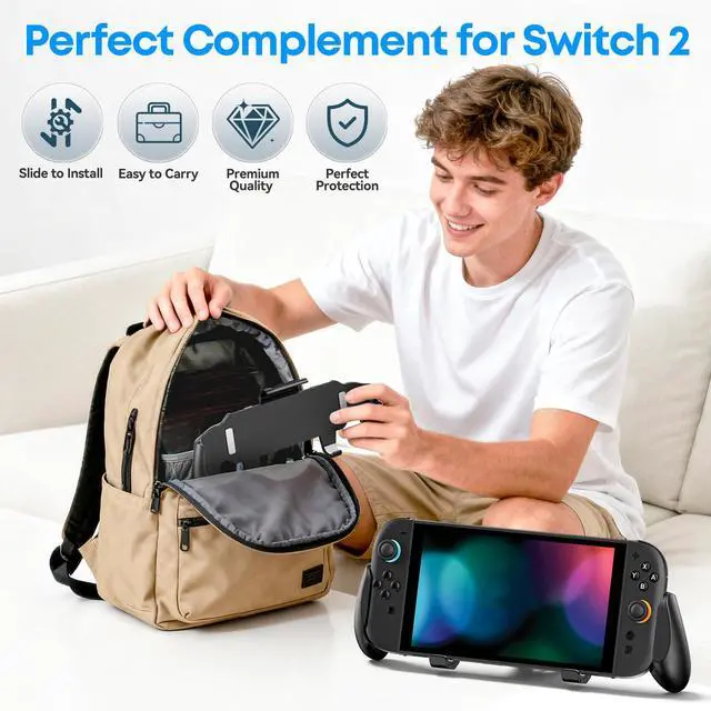 Alt view image 7 of 7 - Grip Compatible with Nintendo Switch 2, Switch 2 Ergonomic Grip Case with Adjustable Stand, Comfort Game Accessories with 5 Game Card Slots and 4 Thumb Caps