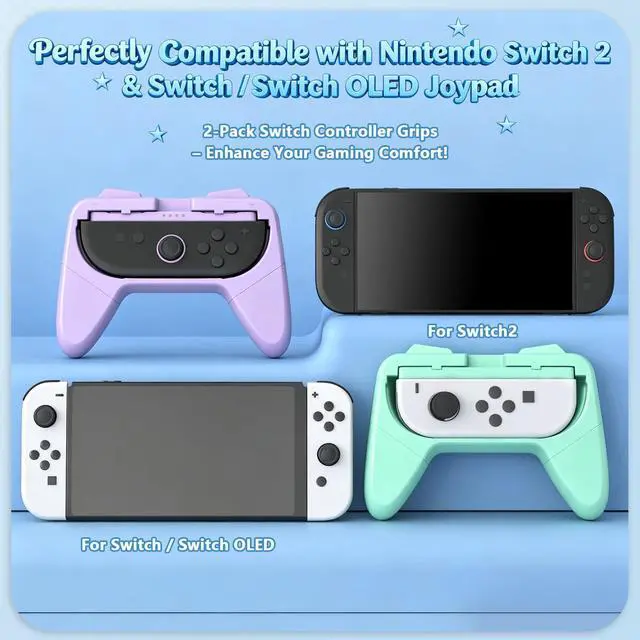 Alt view image 2 of 7 - Switch Joypad Grips 2 Pack Compatible with Switch & Switch 2 Controllers Ergonomic Comfort Wear Resistant Handle Grips for Switch Joypons Purple & Mint Green