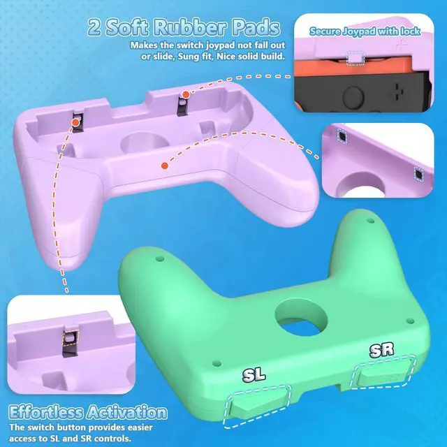 Alt view image 5 of 7 - Switch Joypad Grips 2 Pack Compatible with Switch & Switch 2 Controllers Ergonomic Comfort Wear Resistant Handle Grips for Switch Joypons Purple & Mint Green