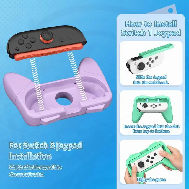 Alt view image 6 of 7 - Switch Joypad Grips 2 Pack Compatible with Switch & Switch 2 Controllers Ergonomic Comfort Wear Resistant Handle Grips for Switch Joypons Purple & Mint Green