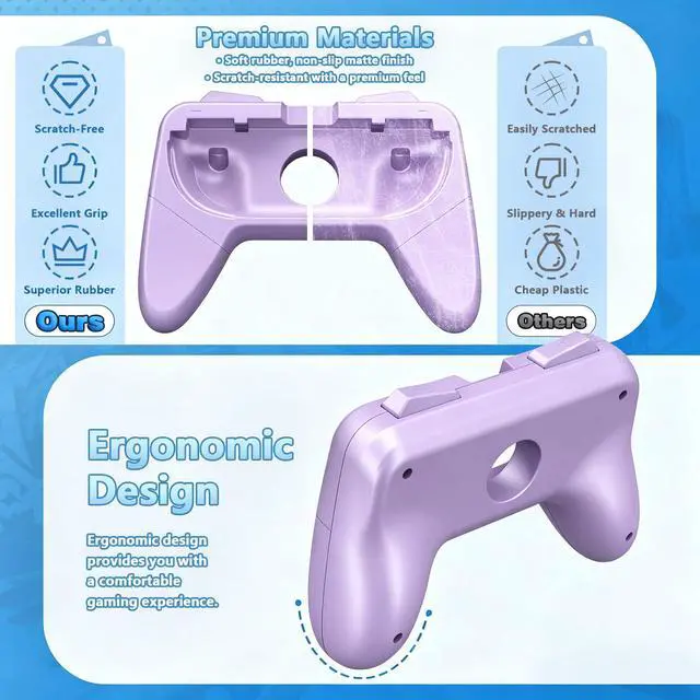 Alt view image 3 of 7 - Switch Joypad Grips 2 Pack Compatible with Switch & Switch 2 Controllers Ergonomic Comfort Wear Resistant Handle Grips for Switch Joypons Purple & Mint Green