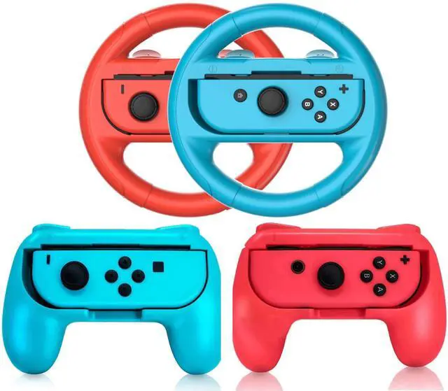 Main image of 2 PCS Grips for Joy Con and 2 PCS Steering Wheel Compatible for Nintendo Switch Wheel, Family Sports Party Pack Accessories Compatible with Switch / Switch OLED JoyCon Controllers, (Blue and Red)