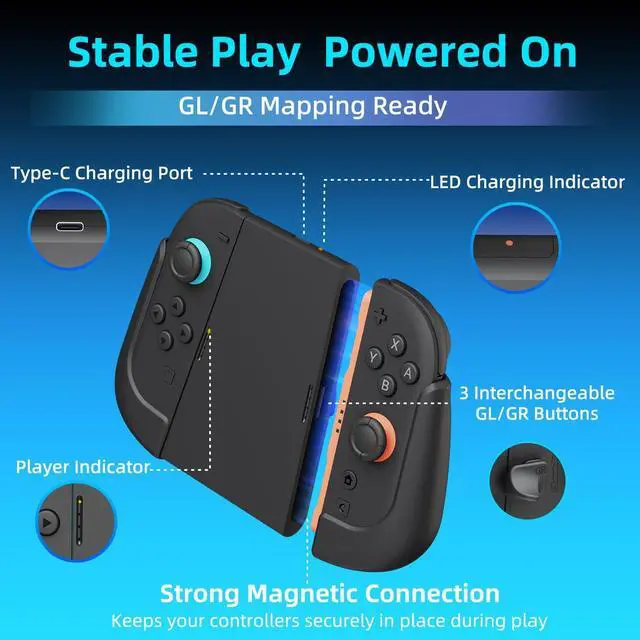 Alt view image 3 of 6 - Grips + Back Buttons Charging Grip Set for Nintendo Switch 2 Joy-Con 2 Split Ergonomic Grips, Charge While Playing, GL/GR Mapping Ready, Anti-Slip TPU, Quick Release