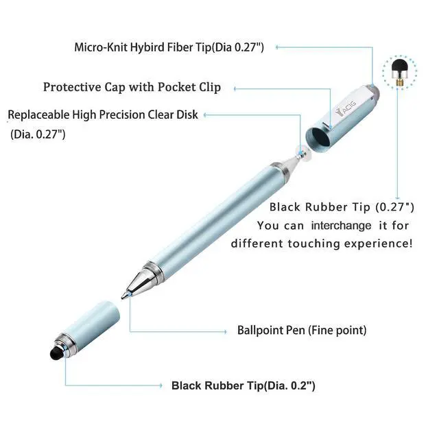 Alt view image 3 of 7 - Capacitive Stylus Pen, 4-in-1 High Sensitivity and Precision Touch Screen Stylus Clear Disc Tip,Black Rubber Tip &Mesh Fiber Tip Compatible with Universal Touch Screen Device (Ice Blue)