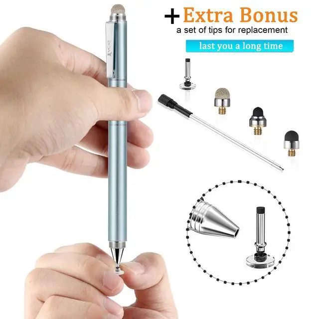 Alt view image 6 of 7 - Capacitive Stylus Pen, 4-in-1 High Sensitivity and Precision Touch Screen Stylus Clear Disc Tip,Black Rubber Tip &Mesh Fiber Tip Compatible with Universal Touch Screen Device (Ice Blue)