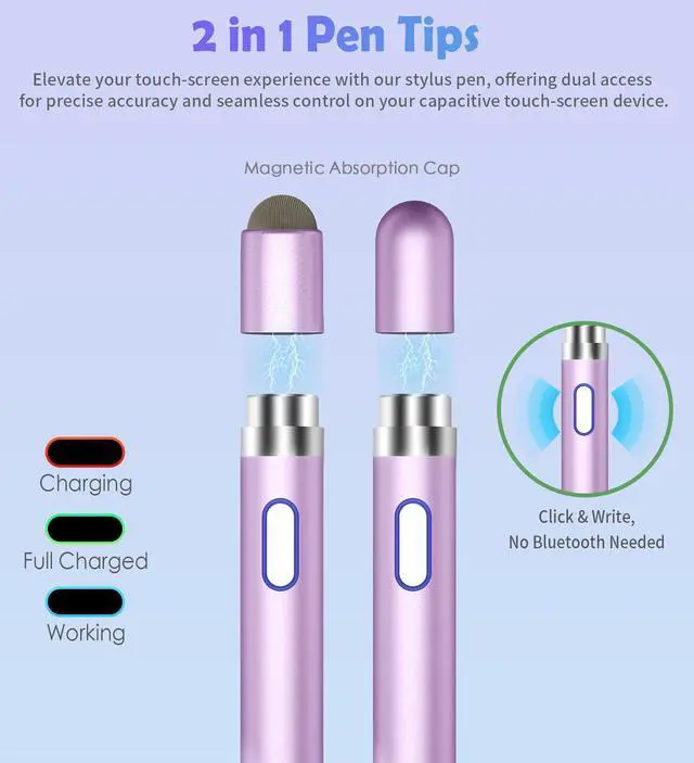 Alt view image 4 of 7 - Active Stylus Pen for Touch Screens, Dual Pen Tips for iOS & Android Drawing & Writing, High Precise Rechargeable Pencil for A-pple i-Phone 17/16/15/14/13/12, i-Pad, Phone, Tablet, Sam-Sung, Purple