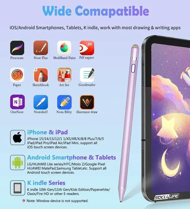 Alt view image 6 of 7 - Active Stylus Pen for Touch Screens, Dual Pen Tips for iOS & Android Drawing & Writing, High Precise Rechargeable Pencil for A-pple i-Phone 17/16/15/14/13/12, i-Pad, Phone, Tablet, Sam-Sung, Purple