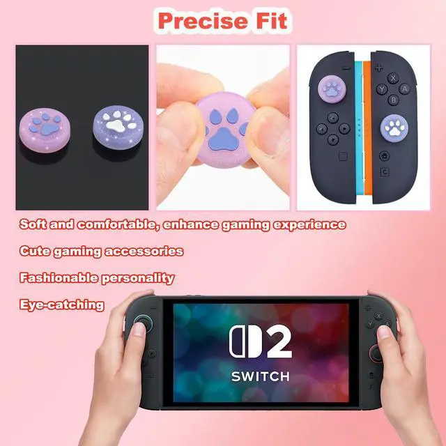 Alt view image 3 of 7 - Thumb Grips Caps for Nintendo Switch 2 2025 New Model, 4PCS Switch 2 Thumb Grips Cute Joystick Caps Soft Switch2 Joy Con Joystick Covers Protective Accessories Kawaii Kitty Paw, Glitter Pink & Purple